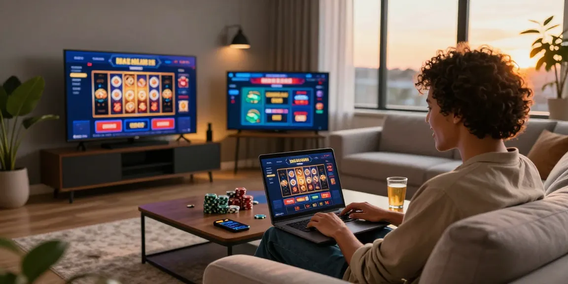Visuel d'un casino fiable en ligne avec un utilisateur explorant des jeux depuis un salon moderne, ambiance chaleureuse et accueillante.