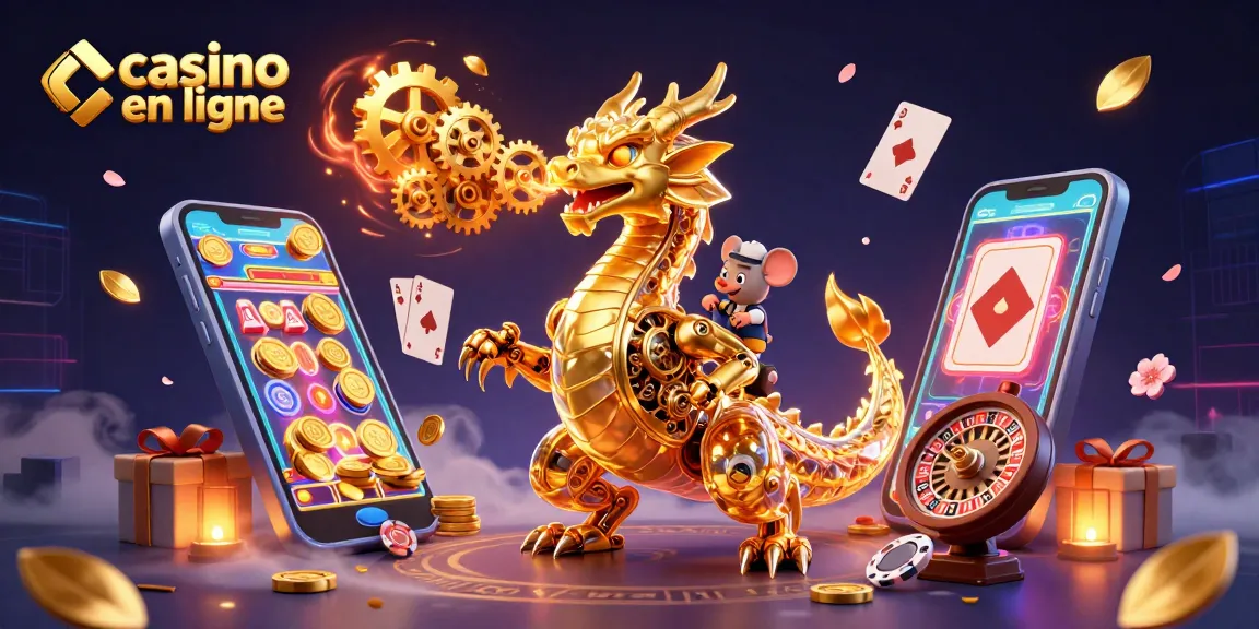 Jouez à des jeux de casino en ligne avec le dragon doré et des éléments de jeu colorés.