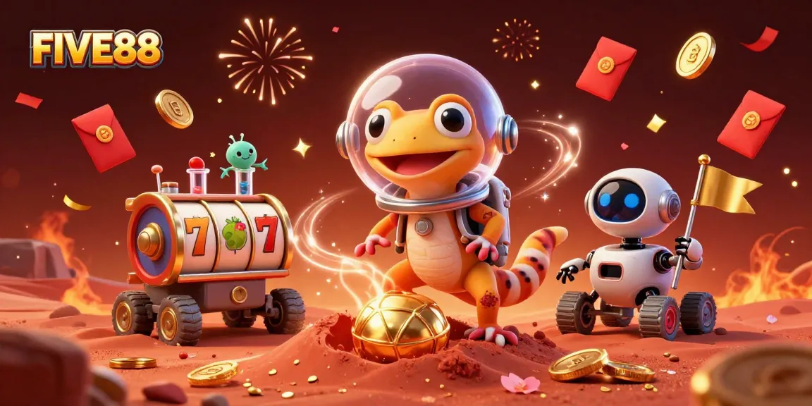 Spin the reels in FIVE88's cosmic casino adventure with colorful Martian characters.