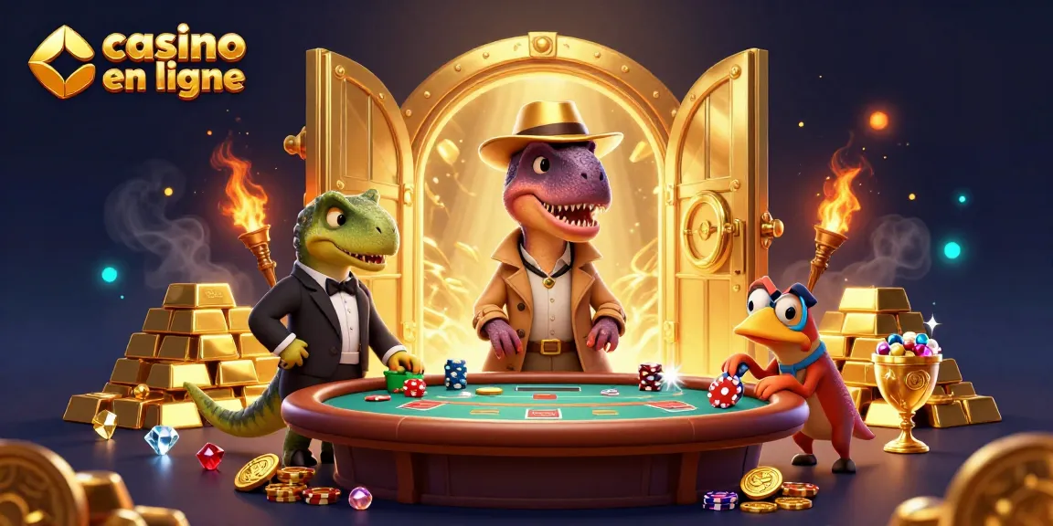 Visitez un casino en ligne captivant avec un velociraptor jouant discrètement aux cartes dans une scène dynamique.