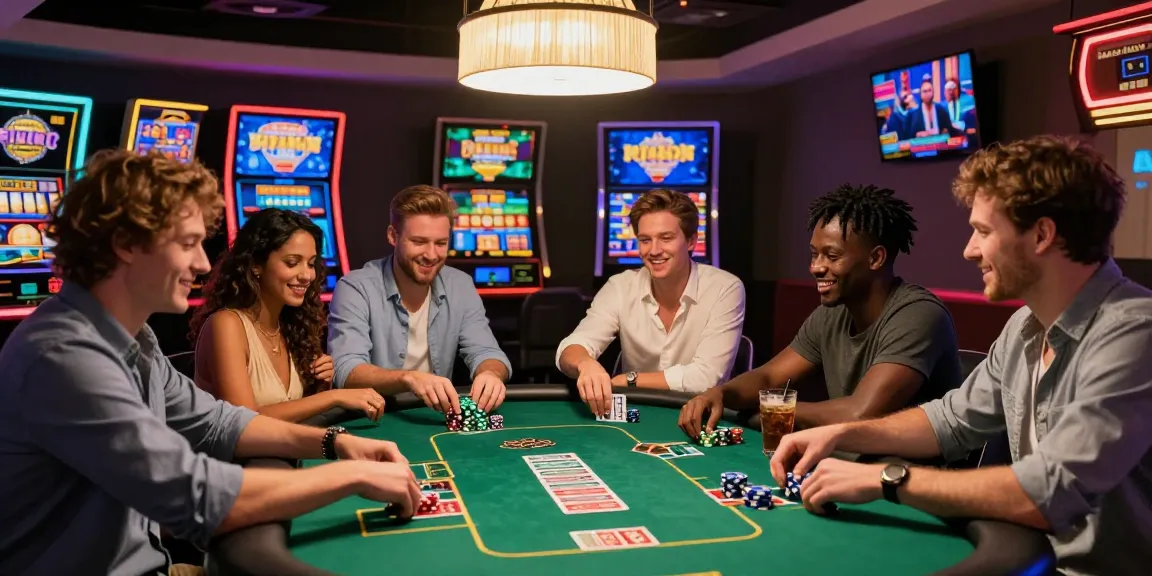 Groupe d'amis jouant ensemble à un casino en ligne avec des jeux de cartes et des jetons dans une ambiance conviviale.