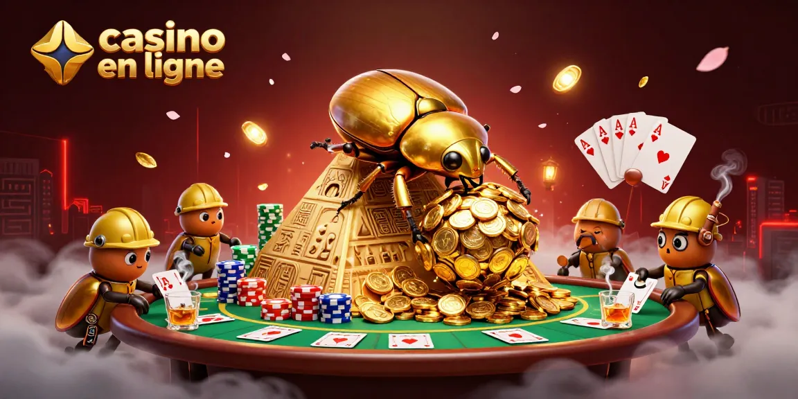 Visuelez le monde du casino en ligne avec un scarabée doré roulant des pièces de monnaie en or et des éléments de poker.