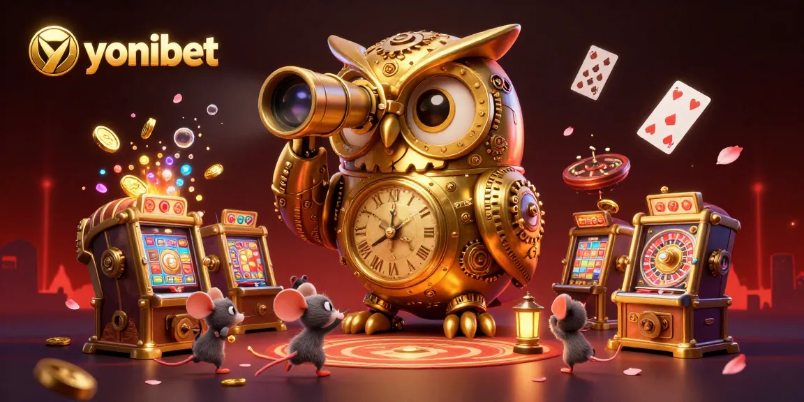 Spin and win at yonibet with a thrilling casino scene featuring a golden owl and vibrant games.