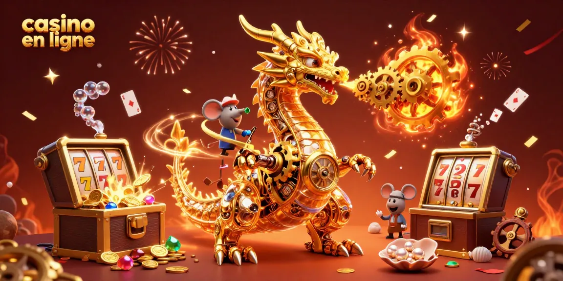 Casino en ligne avec une illustration d'un dragon doré et des pièces de jeu scintillantes.