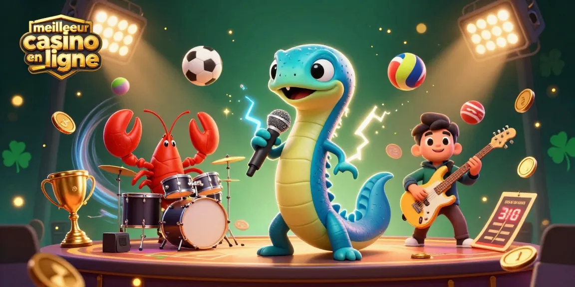 Illustration dynamique du meilleur casino en ligne avec un poisson électrique DJ et un groupe de crustacés, créant une ambiance immersive.
