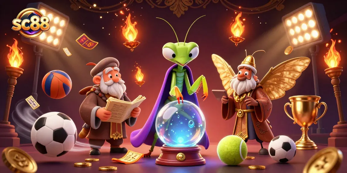 Experience the excitement of sc88 with a vibrant, dynamic 3D digital casino scene featuring fortune tellers and sports elements.