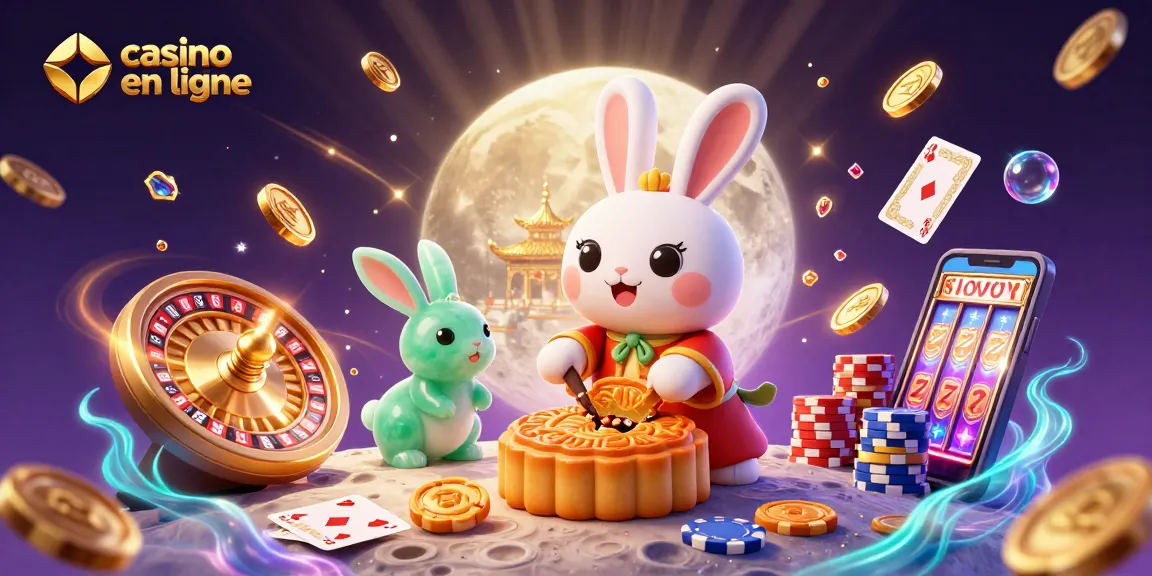 Le casino en ligne offre une scène magique avec un lapin lunaire illustrant la culture chinoise, entouré de jetons de poker et de pièces d'or.
