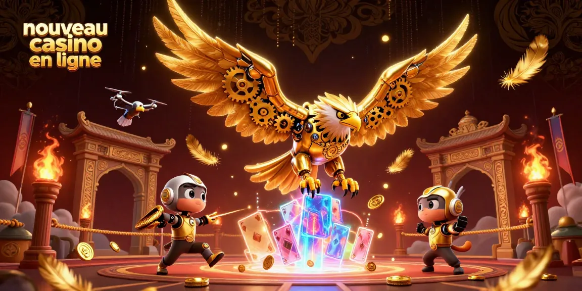 Illustration captivante d'un nouveau casino en ligne avec un aigle cybernétique plongeant dans des cartes holographiques.