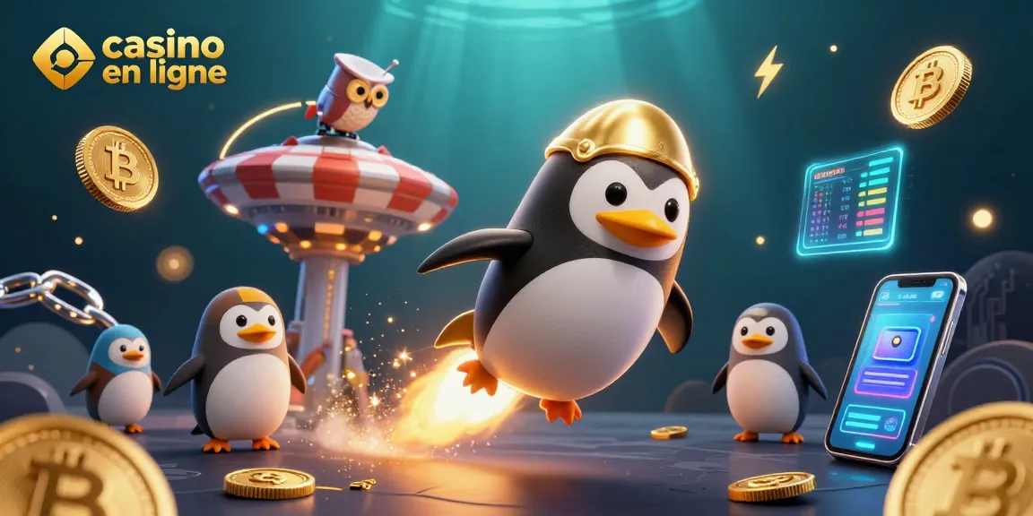 Pariez sur le casino en ligne avec un pingouin doré et des pièces flottantes créant une atmosphère dynamique et festive.