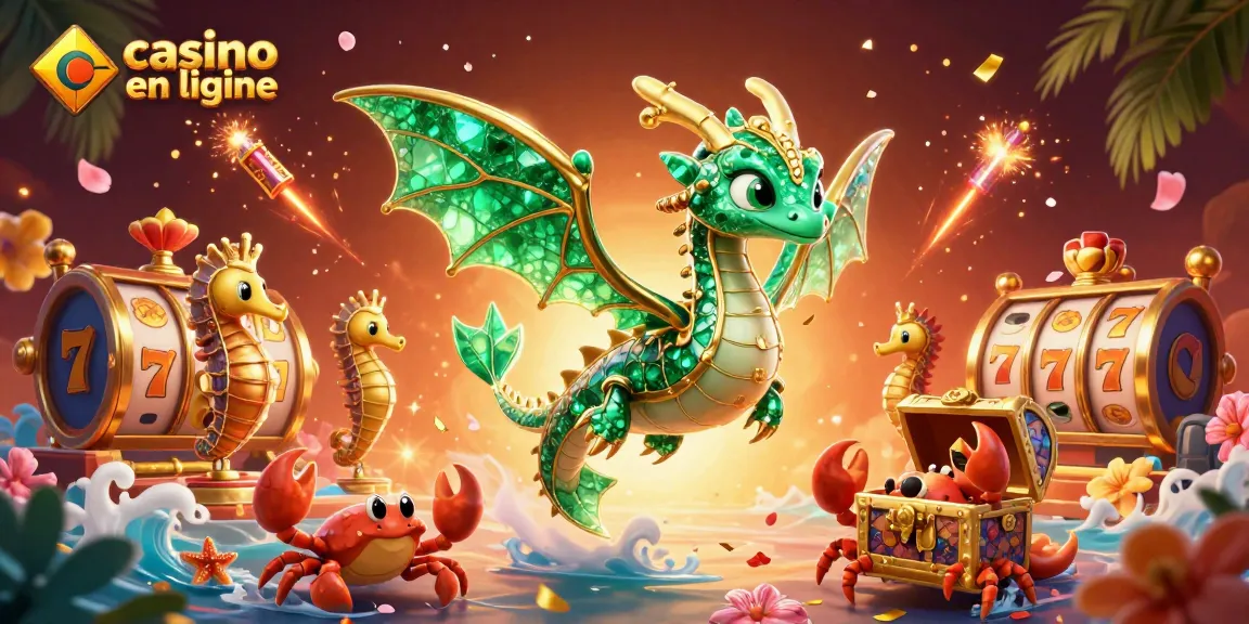 Embarquez dans le monde du casino en ligne avec cette illustration captivante montrant un dragon de mer et des éléments de jackpot.