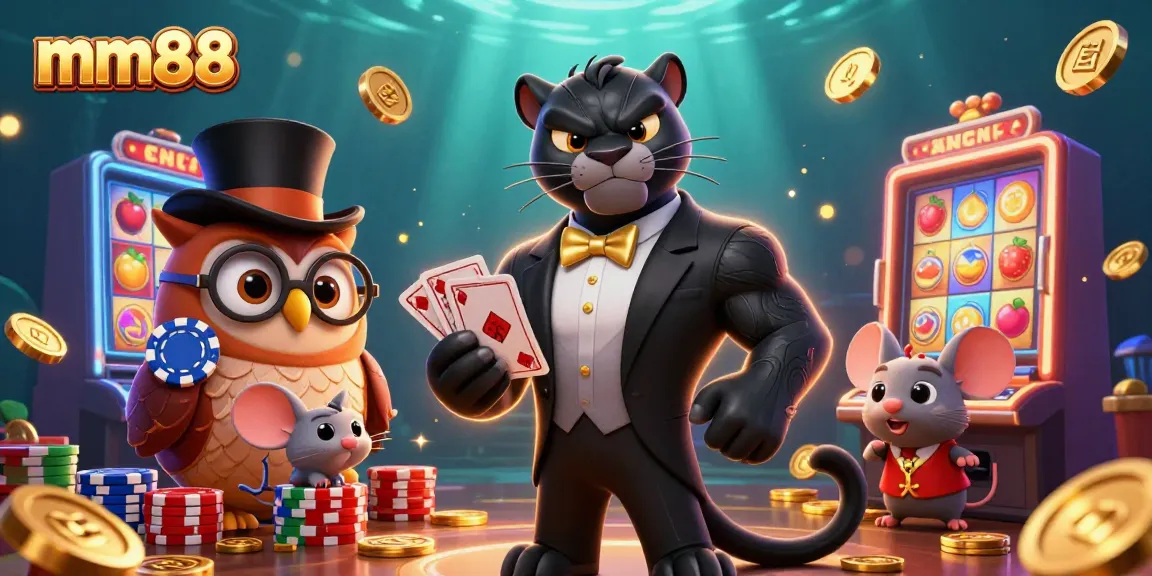 Join the fun at mm88 with our playful panther, owl, and mouse amidst vibrant slot machines.
