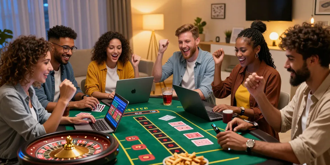 Scène de casino en ligne avec des amis jouant et célébrant leurs gains sur ordinateur et mobile