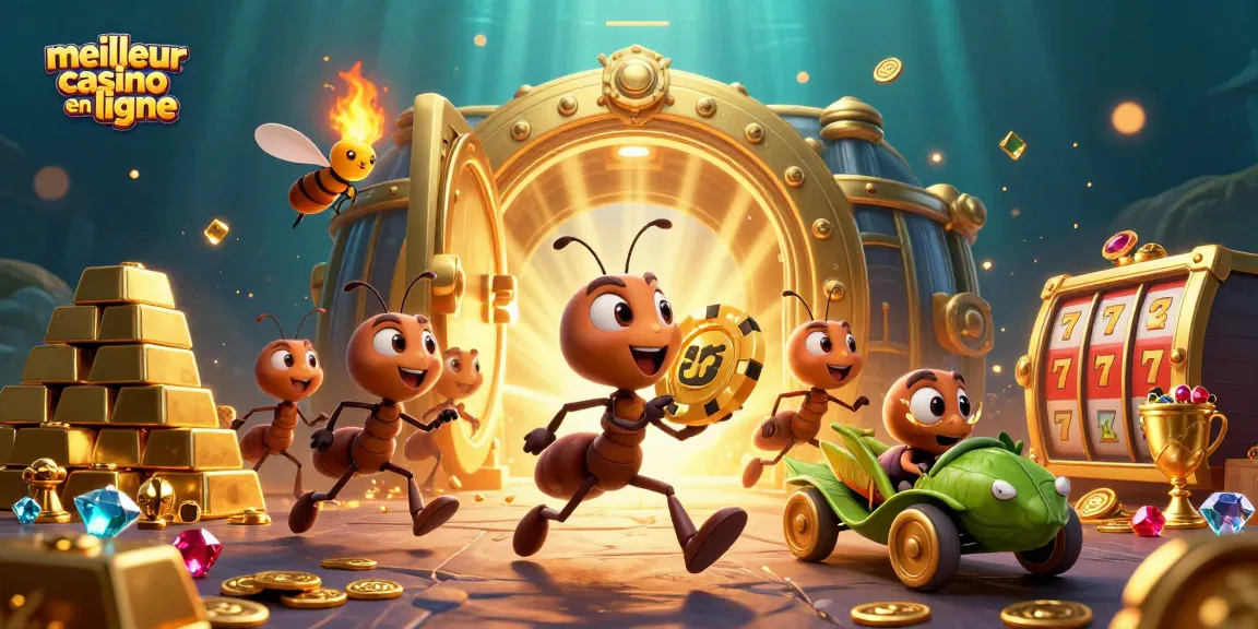 Les fourmis transportent une puce de poker géante dans une scène dynamique de meilleur casino en ligne.