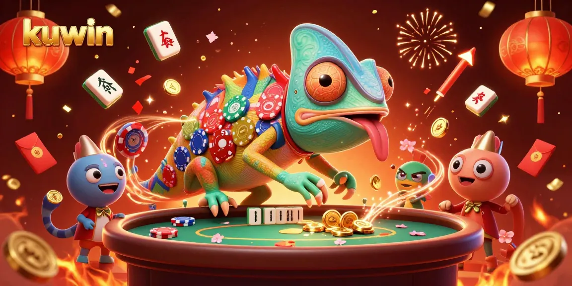 Engage in kuwin's adventure with a chameleon casino owner predicting wins amidst vibrant casino elements.