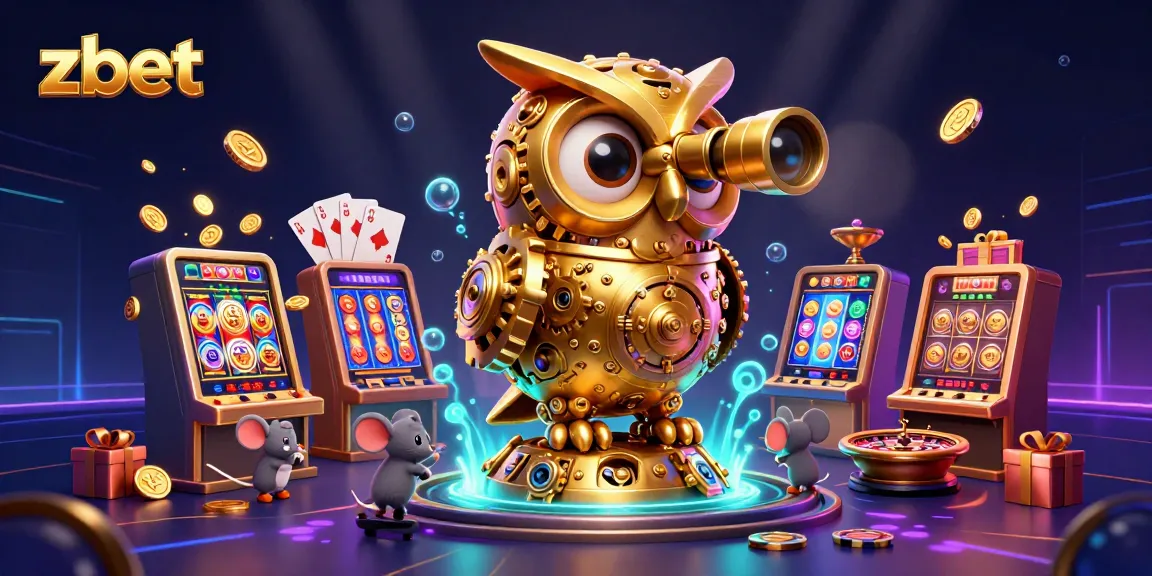 Experience zbet gaming with a golden owl overseeing a lively casino scene filled with slot machines and patrons.