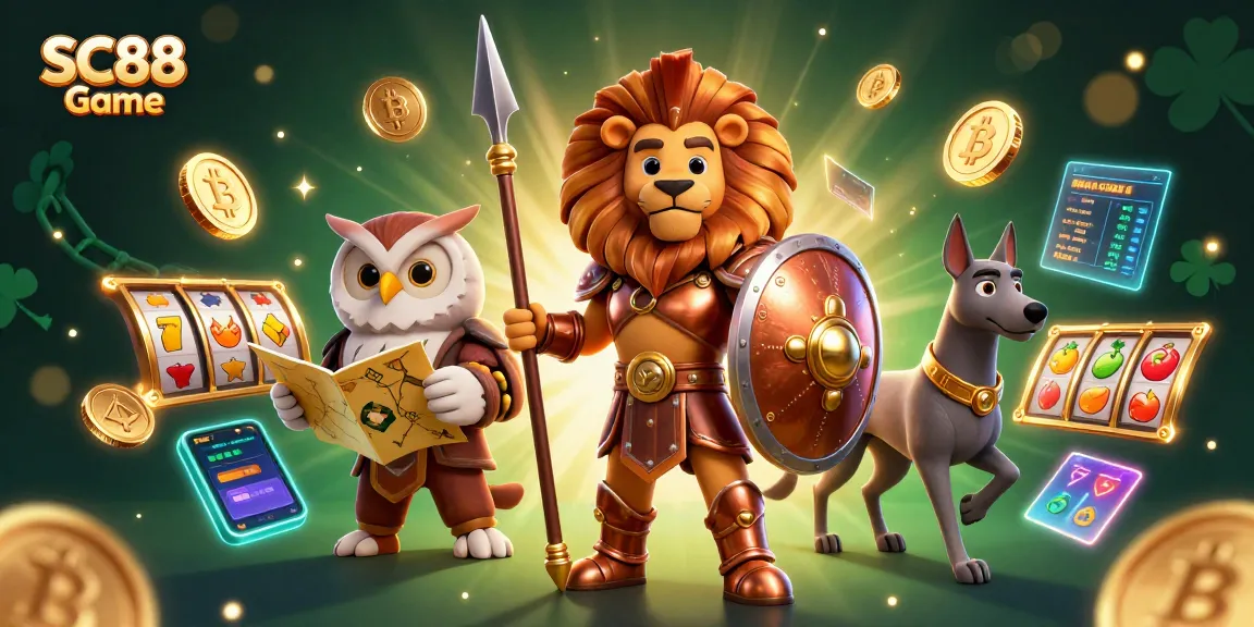 Experience the exciting SC88 Game with a Spartan lion, owl strategist, and greyhound messenger in a vibrant casino scene.