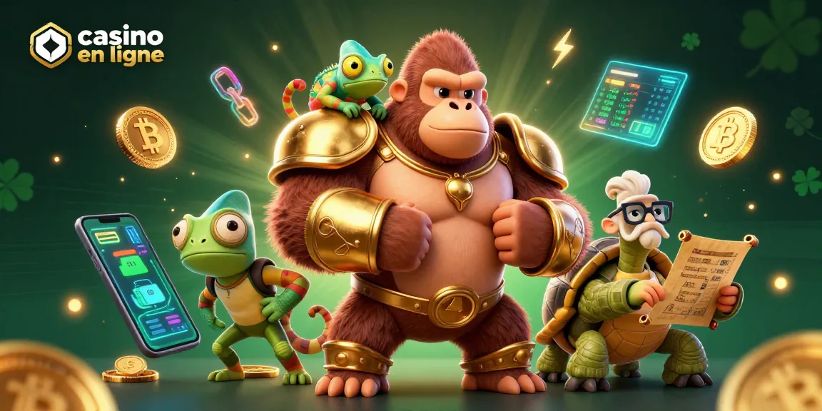 Jouez au casino en ligne avec des personnages colorés, des pièces de crypto, et des effets de lumière scintillants.