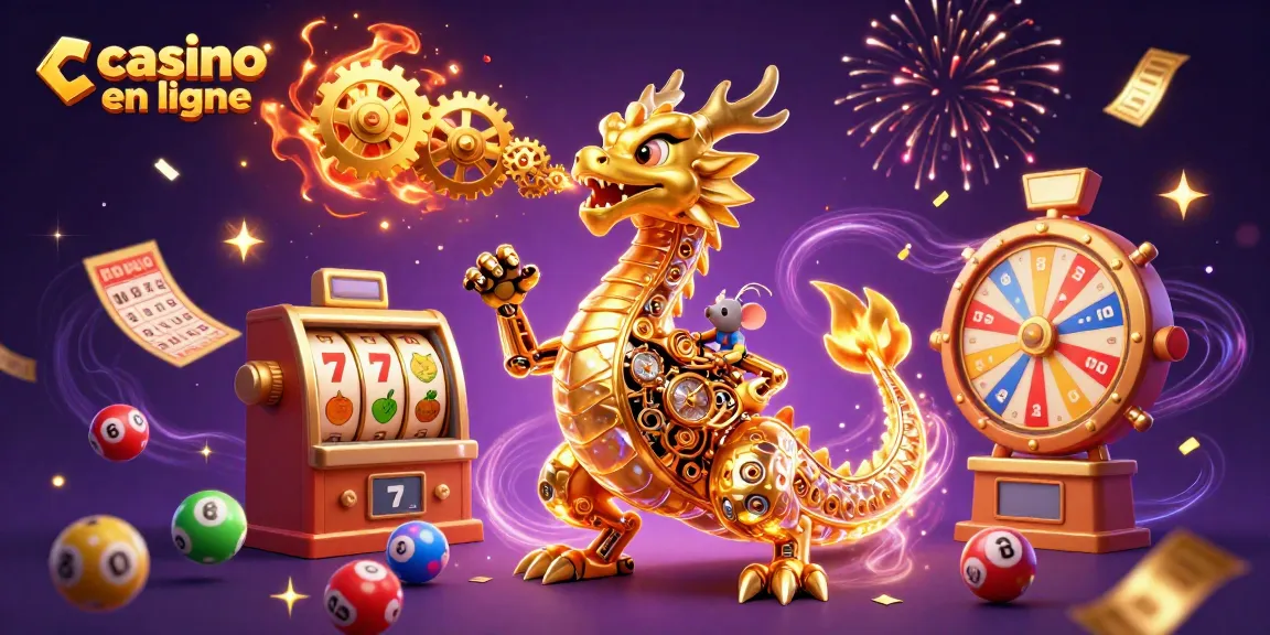 Un dragon doré grandeur nature crachant des rouages, des boules de loterie colorées, et des éléments de casino en ligne.