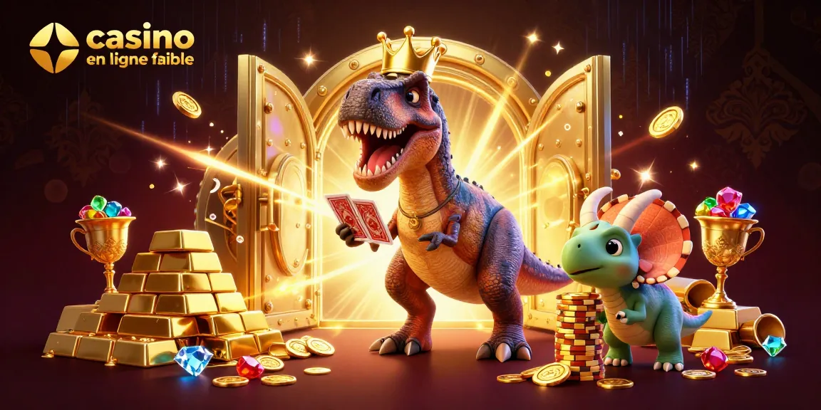 Une illustration animée 3D attrayante présentant un T-Rex jouant aux cartes dans un casino en ligne fiable, entouré de trésors.