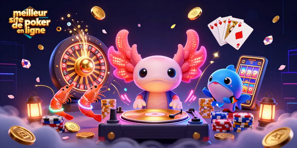 Illustration dynamique mettant en avant le meilleur site de poker en ligne avec un DJ axolotl et ses amis en pleine fête.