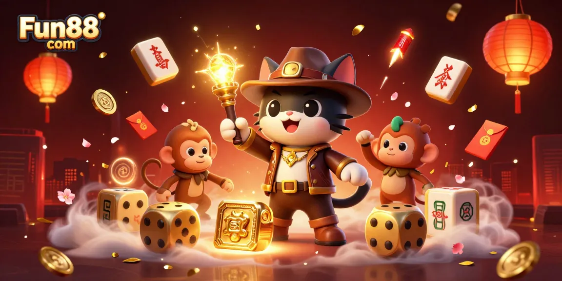 Engage with Fun88 com's vibrant casino adventure featuring a cat archaeologist and a torch-bearing monkey.
