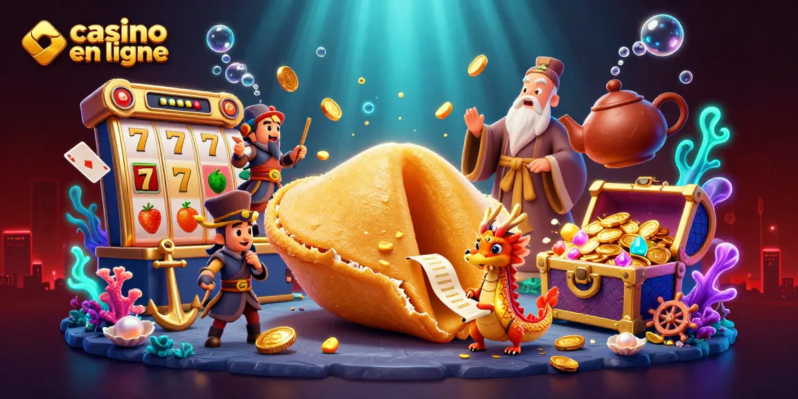 Une illustration 3D captivante de casino en ligne, avec un cookie d'or géant et un dragon sage, entouré de jetons et de cartes, offrant un décor ludique.