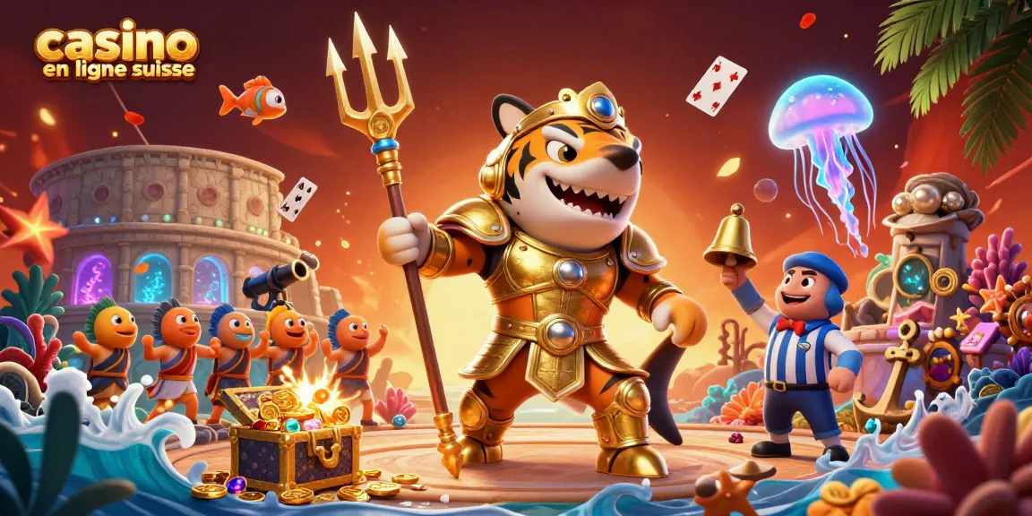 Plongez dans l'action avec notre scène dynamique de casino en ligne suisse, incluant un requin-tigre 3D en armure dorée.