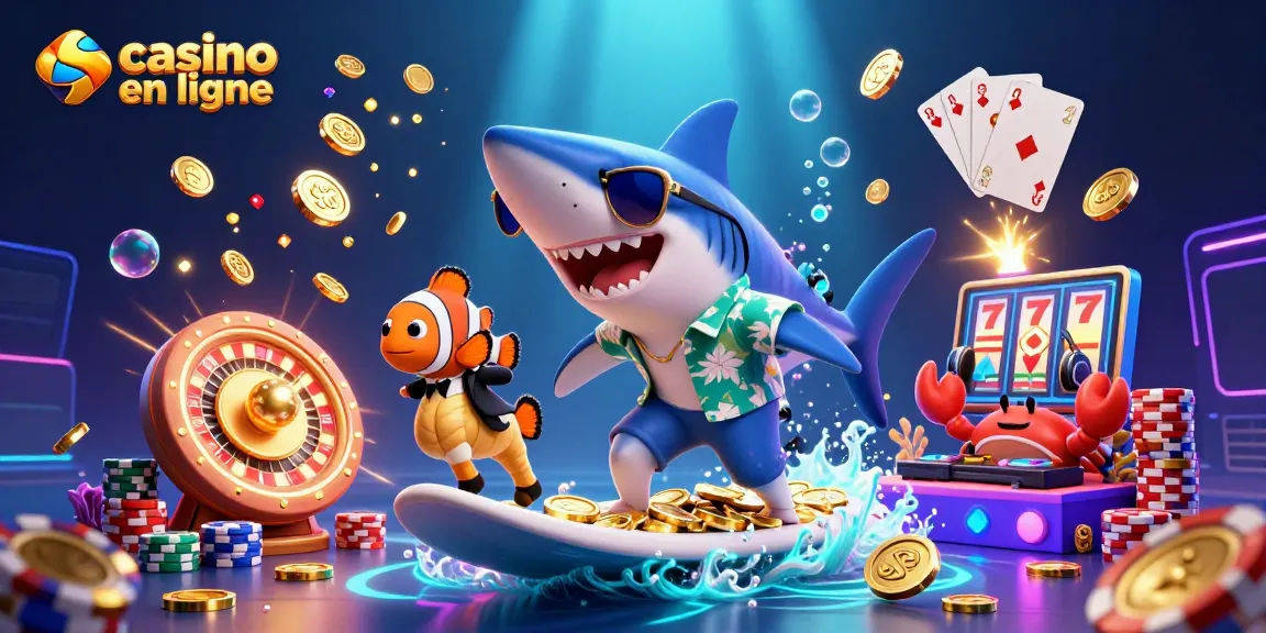 Plongez dans l'univers des casinos en ligne avec une scène dynamique mettant en avant un requin en chemise hawaïenne et des éléments de jeu captivants.
