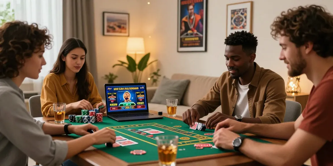 Un groupe d'amis jouant à des jeux de casino en ligne avec des jetons et des cartes, ambiance chaleureuse.