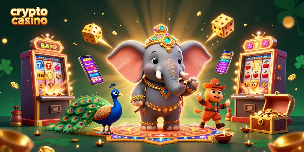 Casino crypto vibrant, éléphant coloré et machine à sous, jackpot en direct.