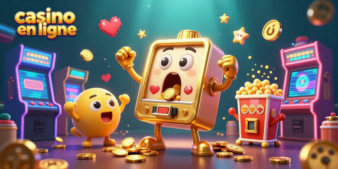Jeu de casino en ligne où une machine à sous dorée agitée par des petits supports se réjouit alors que des pièces d'or jaillissent d'elle, entourée de jeux colorés.