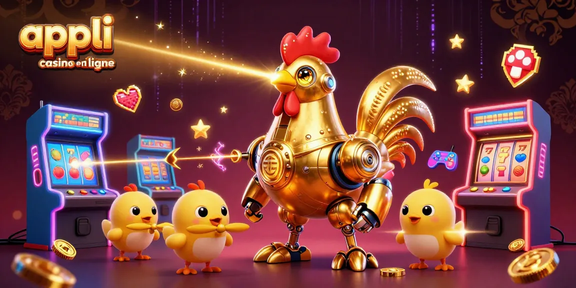 Appli casino en ligne : Illustration animée d'un robot coq doré et drones de poussins entourés de machines à sous.