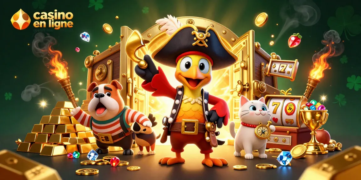 Profitez des jeux sur un casino en ligne retrait immédiat avec un pirate, un bulldog et un chat dans une ambiance riche.