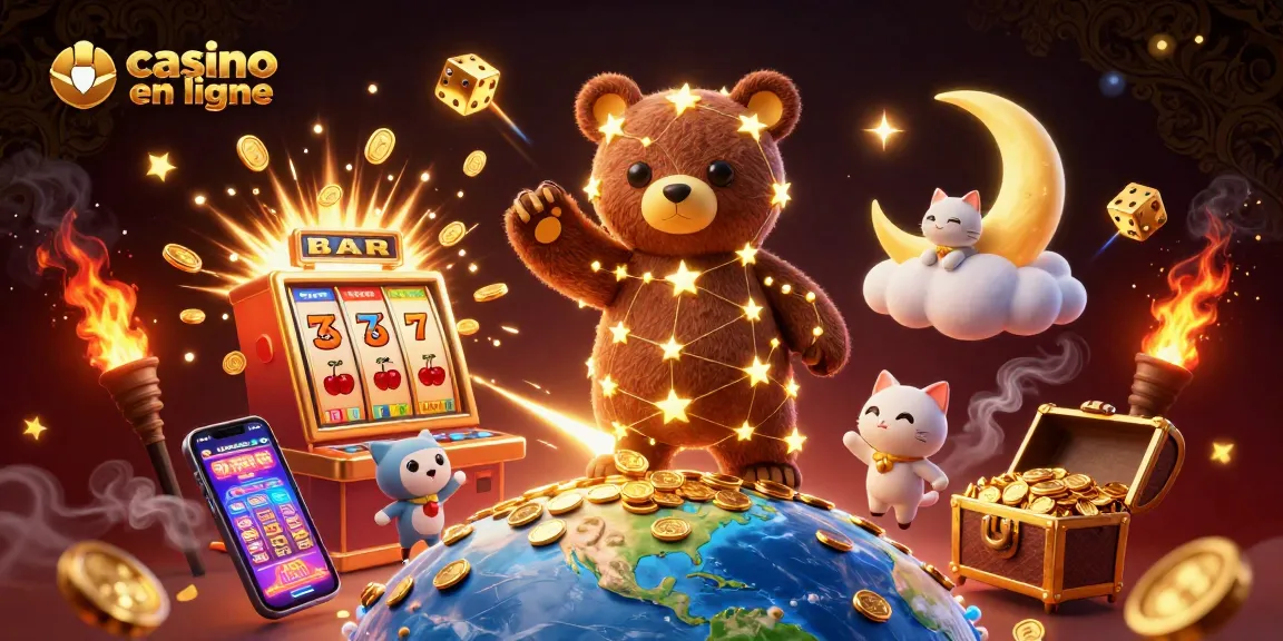 Vivez l'expérience du casino en ligne avec un ours constellation collectant des pièces d'or, entouré de machines à sous et de dés.