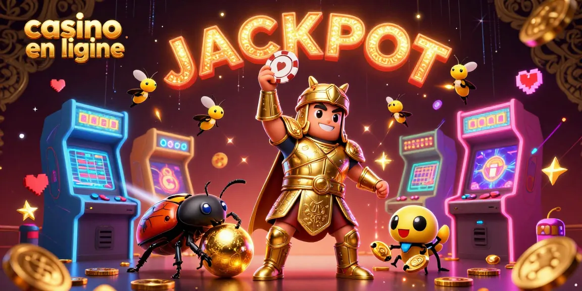 Casino en ligne offre un jackpot avec le scarabée héros soutenu par des lumières scintillantes.