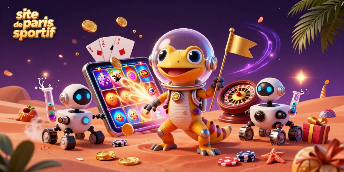 Illustration dynamique d'un site de paris sportif avec un gecko martien explorant un casino doré sur Mars.