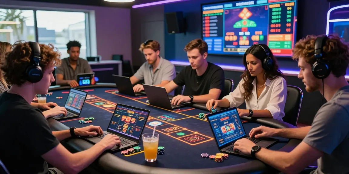Scène de casino en ligne captivante où des amis jouent sur des ordinateurs portables, ambiance joyeuse et moderne avec des jeux de casino en ligne.