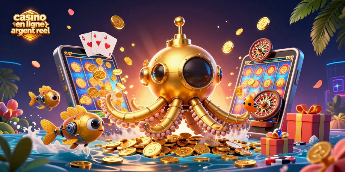 Jouez au casino en ligne argent réel dans une scène dynamique avec un kraken et des pièces d'or.