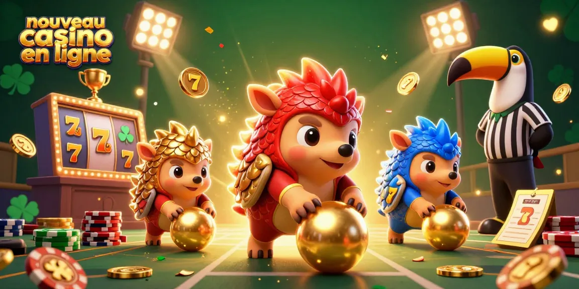 Les pangolins en compétition au nouveau casino en ligne, entourés d'éléments de jeux en 3D et de piles de jetons.